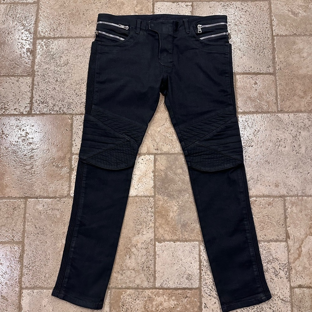 Balmain Double Zipper Black Wax Paneled Moto Biker Denim